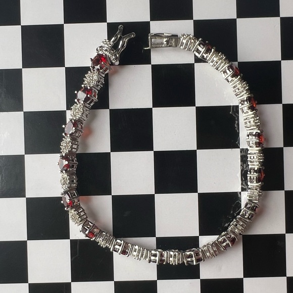 Red Garnet ♥️ Rhodium over Sterling Silver 🩶 Bracelet - Picture 6 of 15